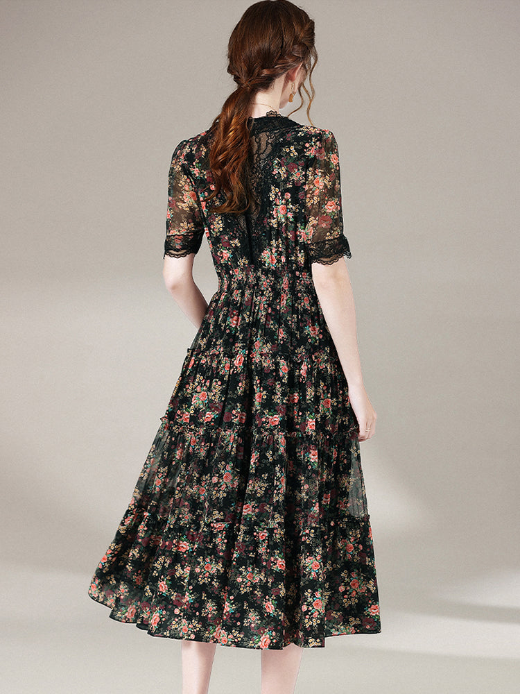 Black Floral Short Sleeve V Neck Silk Lace Summer Dress SD047