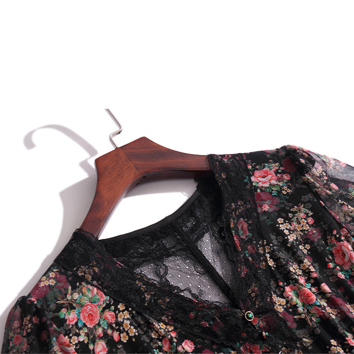 Black Floral Short Sleeve V Neck Silk Lace Summer Dress SD047