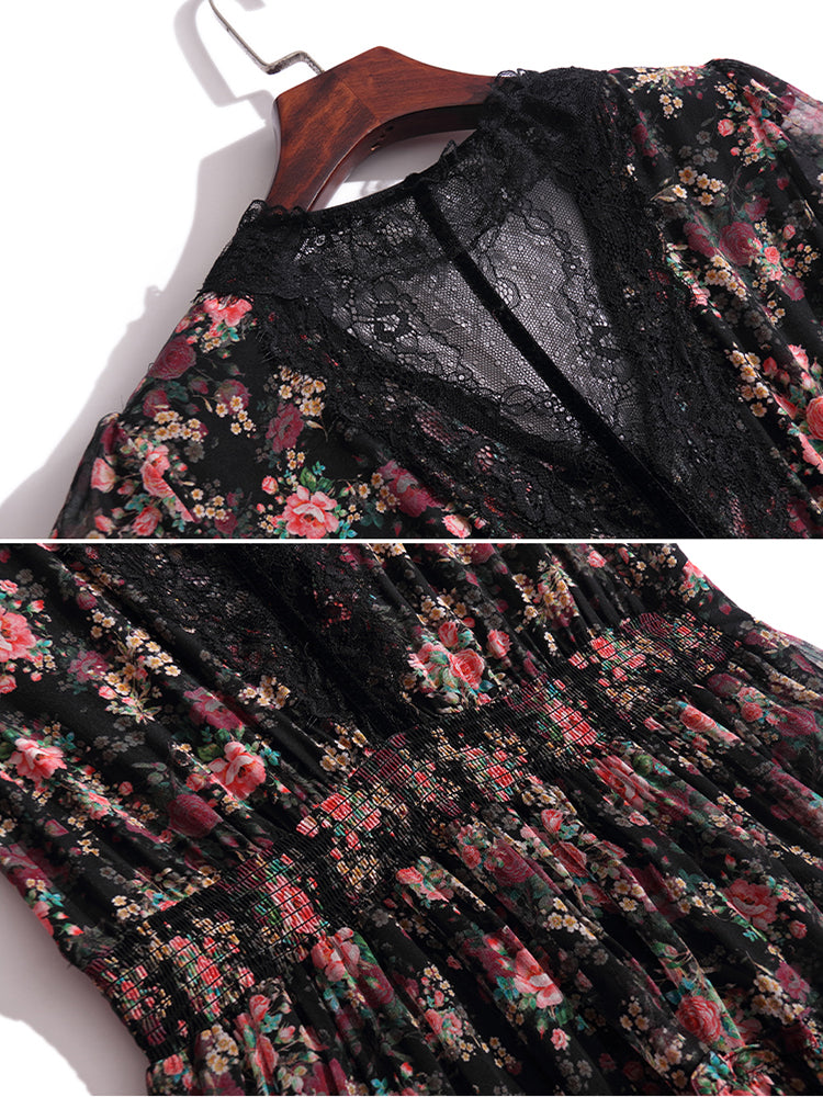 Black Floral Short Sleeve V Neck Silk Lace Summer Dress SD047