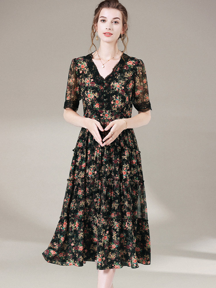 Black Floral Short Sleeve V Neck Silk Lace Summer Dress SD047