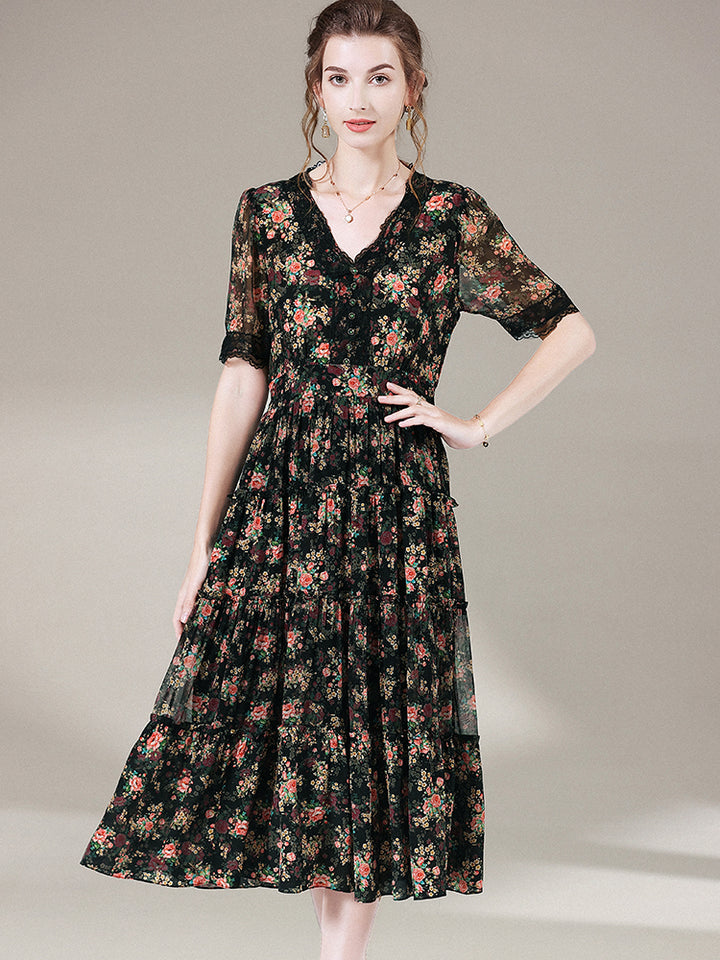 Black Floral Short Sleeve V Neck Silk Lace Summer Dress SD047