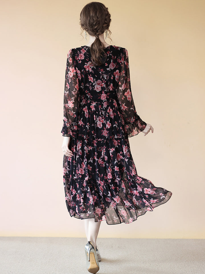 Black Floral V Neck Long Sleeve Empire A Line Long Silk Dress SD076