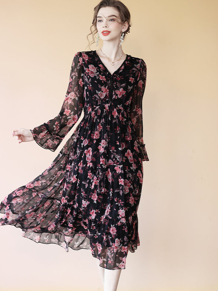 Black Floral V Neck Long Sleeve Empire A Line Long Silk Dress SD076