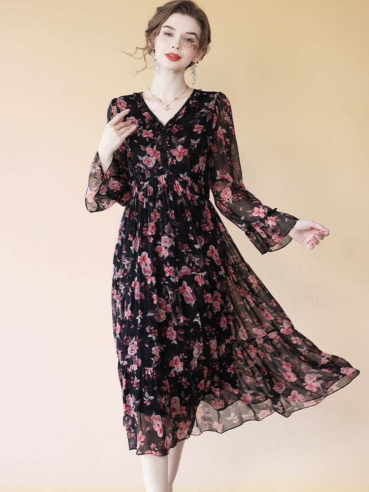 Black Floral V Neck Long Sleeve Empire A Line Long Silk Dress SD076