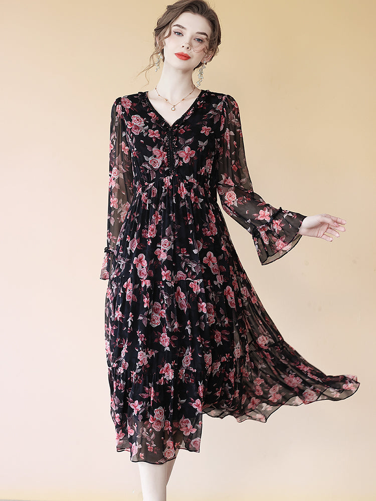 Black Floral V Neck Long Sleeve Empire A Line Long Silk Dress SD076