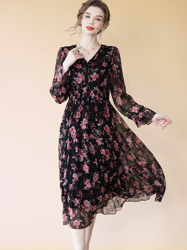 Black Floral V Neck Long Sleeve Empire A Line Long Silk Dress SD076