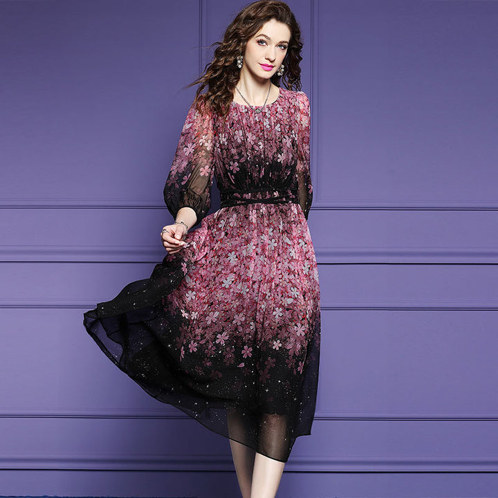 Black Pink Blossom Crisscross Waist Floral Long Mulberry Silk Dress SD100