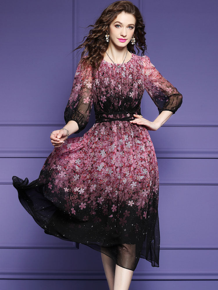 Black Pink Blossom Crisscross Waist Floral Long Mulberry Silk Dress SD100