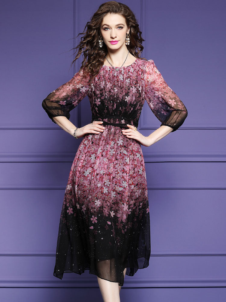 Black Pink Blossom Crisscross Waist Floral Long Mulberry Silk Dress SD100