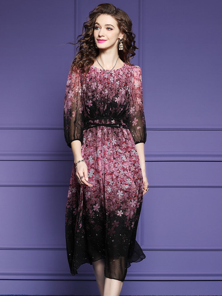 Black Pink Blossom Crisscross Waist Floral Long Mulberry Silk Dress SD100