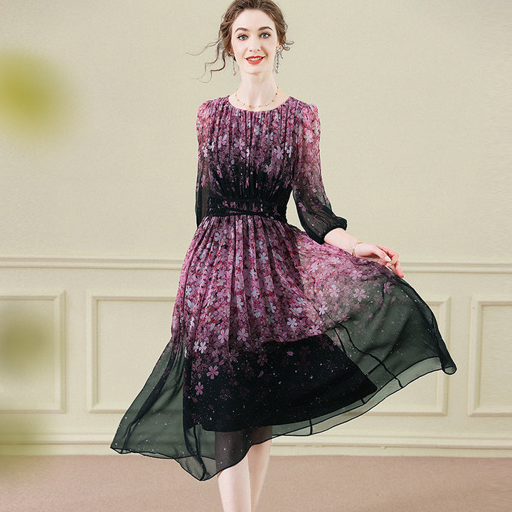 Black Pink Blossom Crisscross Waist Floral Long Mulberry Silk Dress SD100