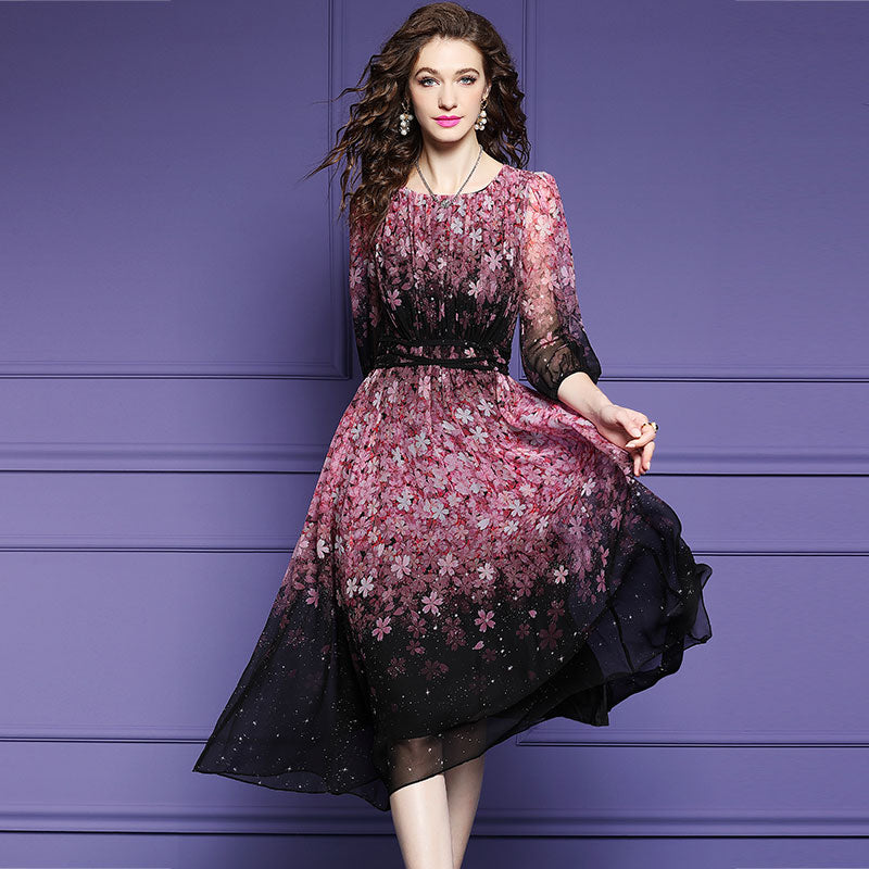 Black Pink Blossom Crisscross Waist Floral Long Mulberry Silk Dress SD100