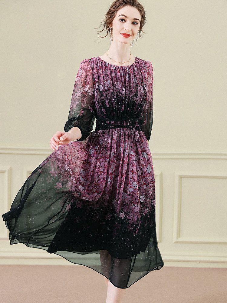 Black Pink Blossom Crisscross Waist Floral Long Mulberry Silk Dress SD100