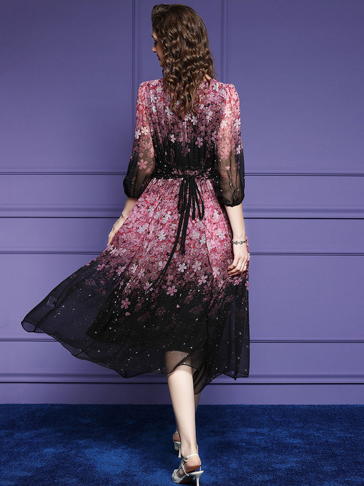 Black Pink Blossom Crisscross Waist Floral Long Mulberry Silk Dress SD100