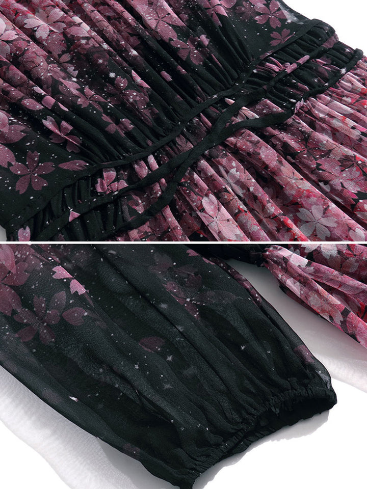 Black Pink Blossom Crisscross Waist Floral Long Mulberry Silk Dress SD100