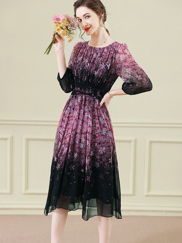 Black Pink Blossom Crisscross Waist Floral Long Mulberry Silk Dress SD100