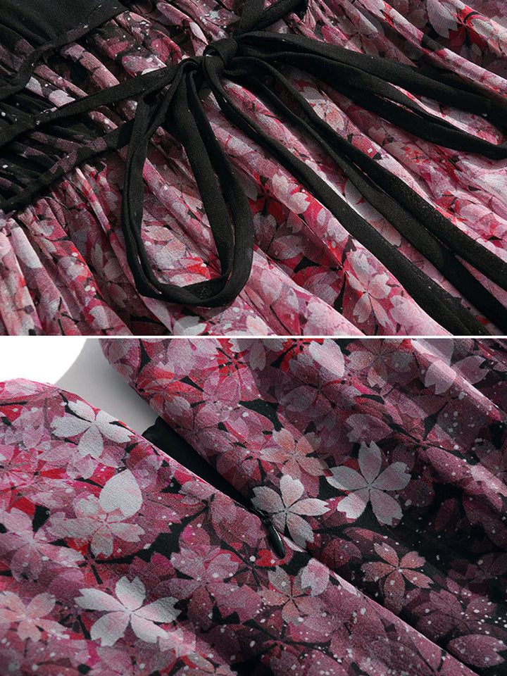 Black Pink Blossom Crisscross Waist Floral Long Mulberry Silk Dress SD100