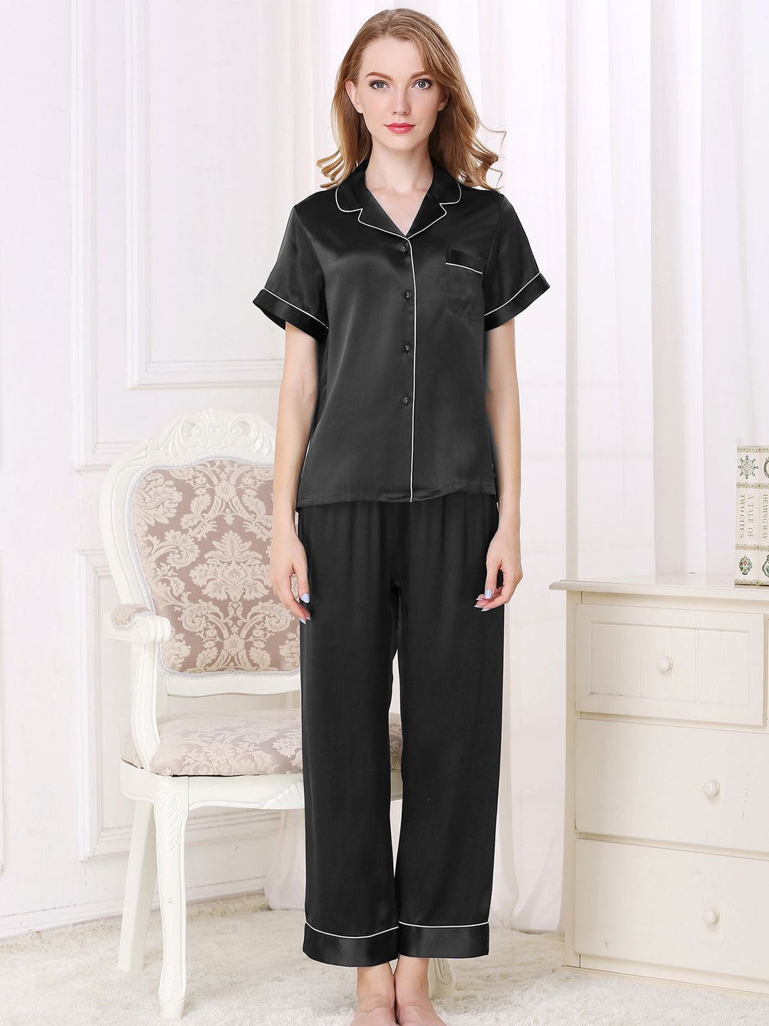 19 Momme Short Sleeved Silk Pajama Set with Trimming