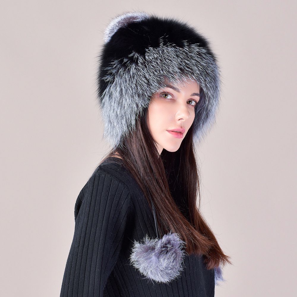 Two-Tone Real Fox Fur Hat for Winter Women's Russian Ushanka Fur Trapper Hat with Pom-Poms