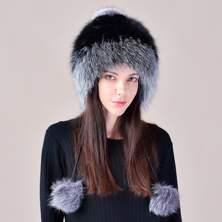 Two-Tone Real Fox Fur Hat for Winter Women's Russian Ushanka Fur Trapper Hat with Pom-Poms