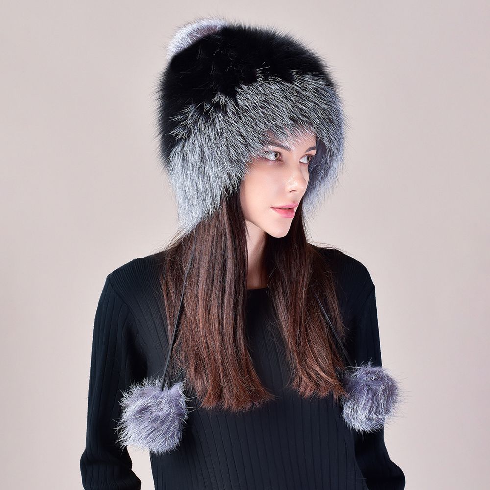 Two-Tone Real Fox Fur Hat for Winter Women's Russian Ushanka Fur Trapper Hat with Pom-Poms