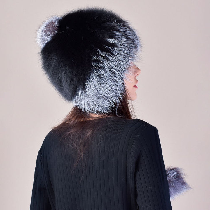 Two-Tone Real Fox Fur Hat for Winter Women's Russian Ushanka Fur Trapper Hat with Pom-Poms
