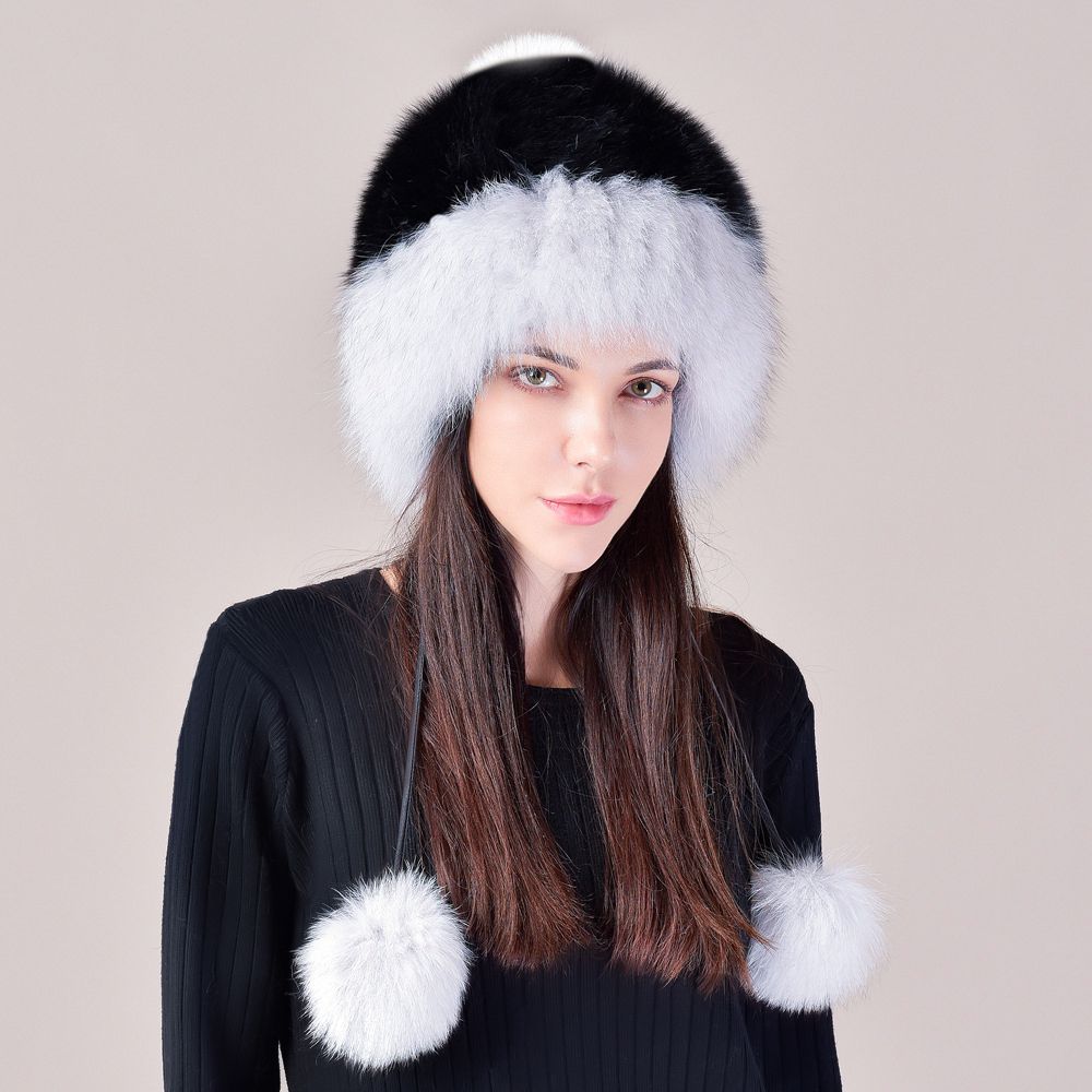 Two-Tone Real Fox Fur Hat for Winter Women's Russian Ushanka Fur Trapper Hat with Pom-Poms