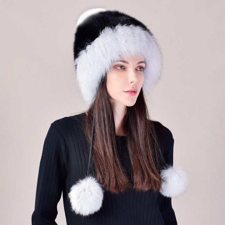 Two-Tone Real Fox Fur Hat for Winter Women's Russian Ushanka Fur Trapper Hat with Pom-Poms