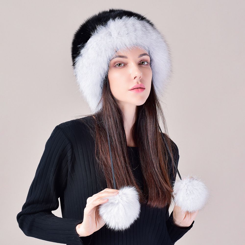 Two-Tone Real Fox Fur Hat for Winter Women's Russian Ushanka Fur Trapper Hat with Pom-Poms