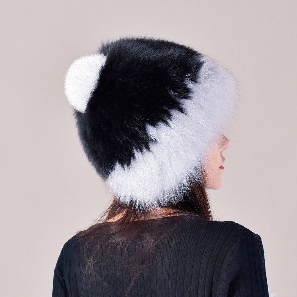 Two-Tone Real Fox Fur Hat for Winter Women's Russian Ushanka Fur Trapper Hat with Pom-Poms