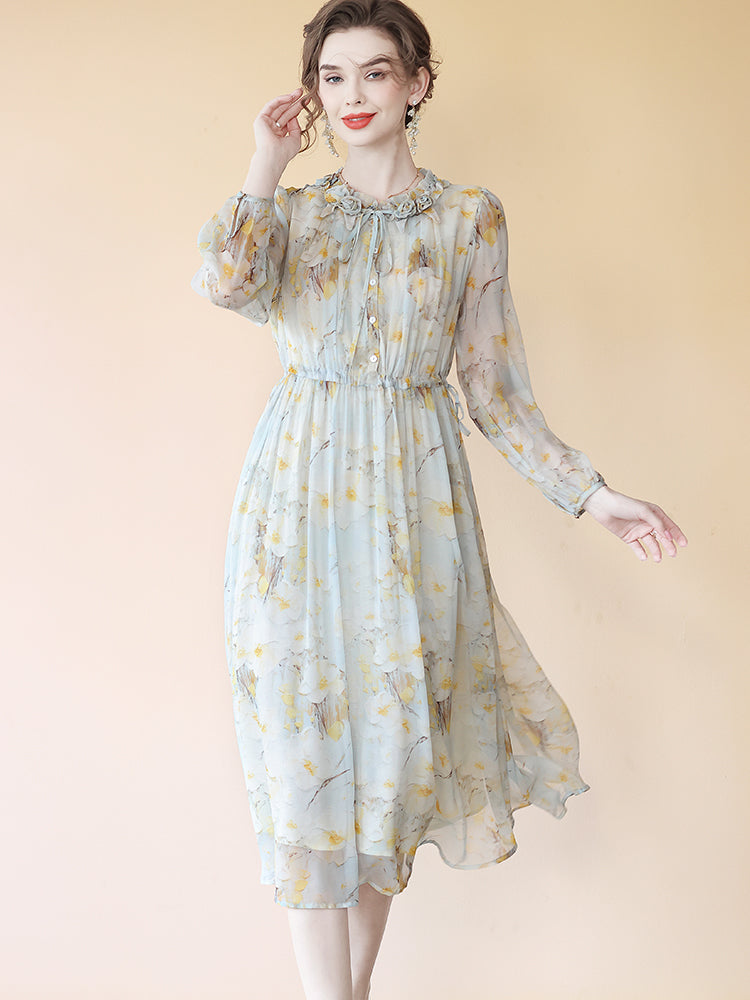 Blue Gray Floral Gentle Soft Women Long Mulberry Silk Dress SD082