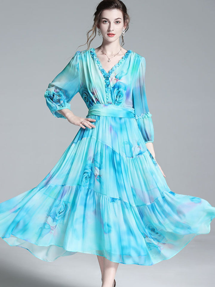 Blue Green Floral V Neck Long Mulberry Silk Vacation Dress SD043