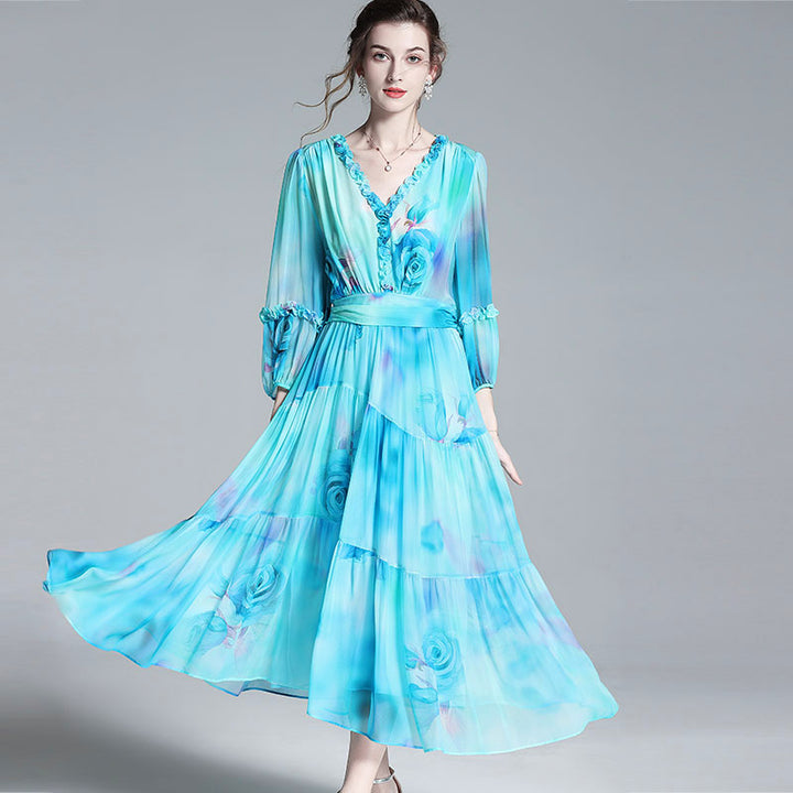 Blue Green Floral V Neck Long Mulberry Silk Vacation Dress SD043