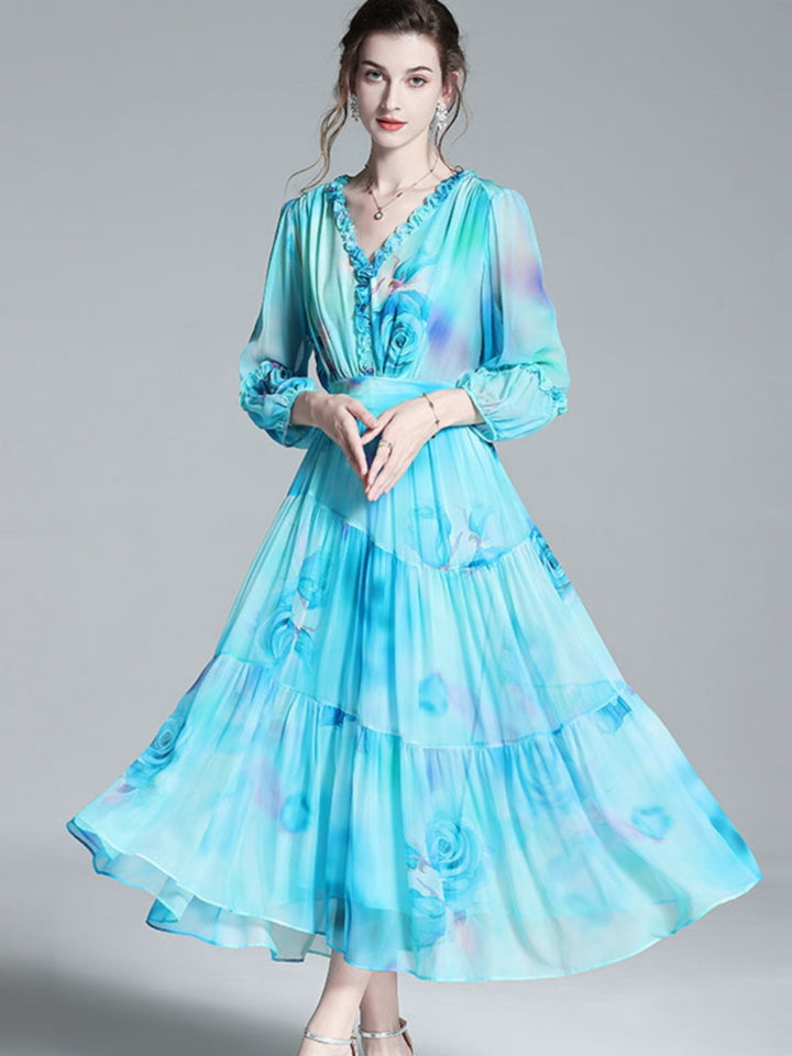 Blue Green Floral V Neck Long Mulberry Silk Vacation Dress SD043