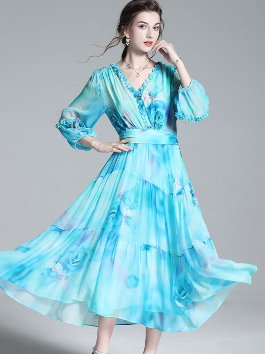 Blue Green Floral V Neck Long Mulberry Silk Vacation Dress SD043