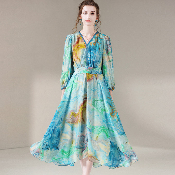 Blue Green Printed Summer V Neck Mulberry Silk Chiffon Dress SD048