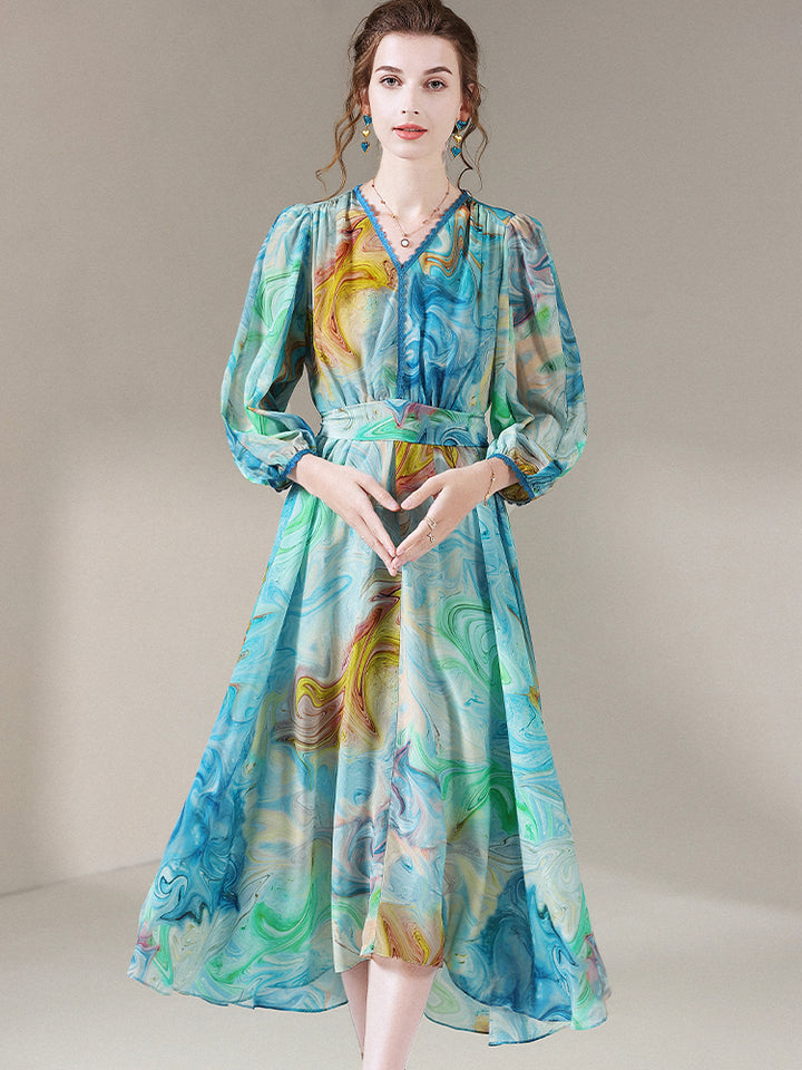 Blue Green Printed Summer V Neck Mulberry Silk Chiffon Dress SD048