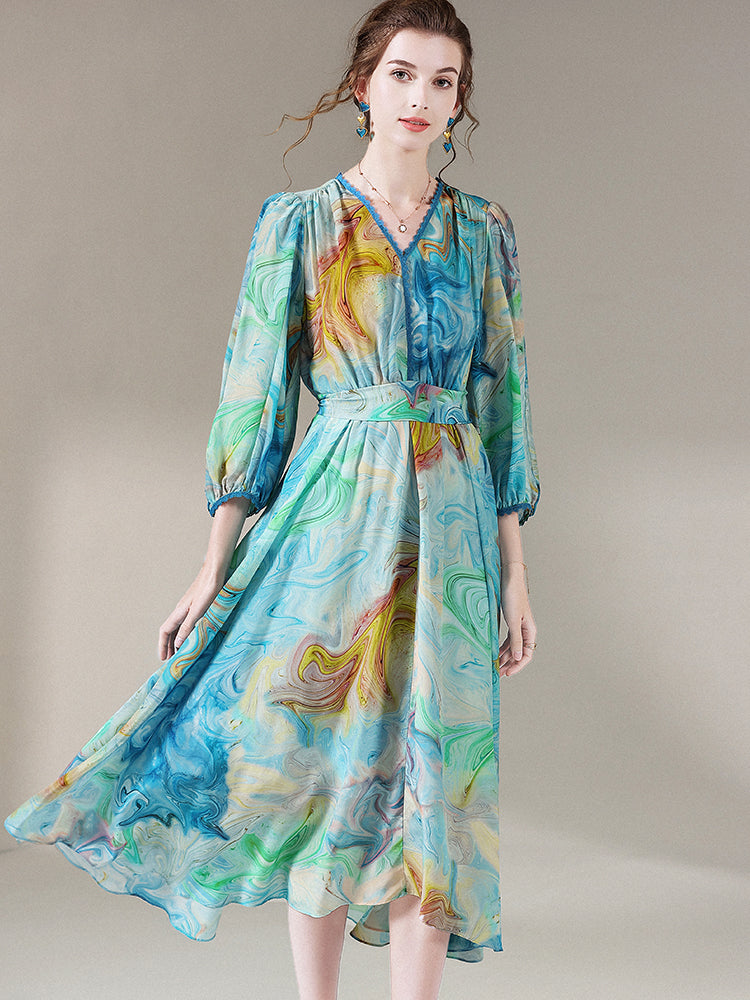 Blue Green Printed Summer V Neck Mulberry Silk Chiffon Dress SD048