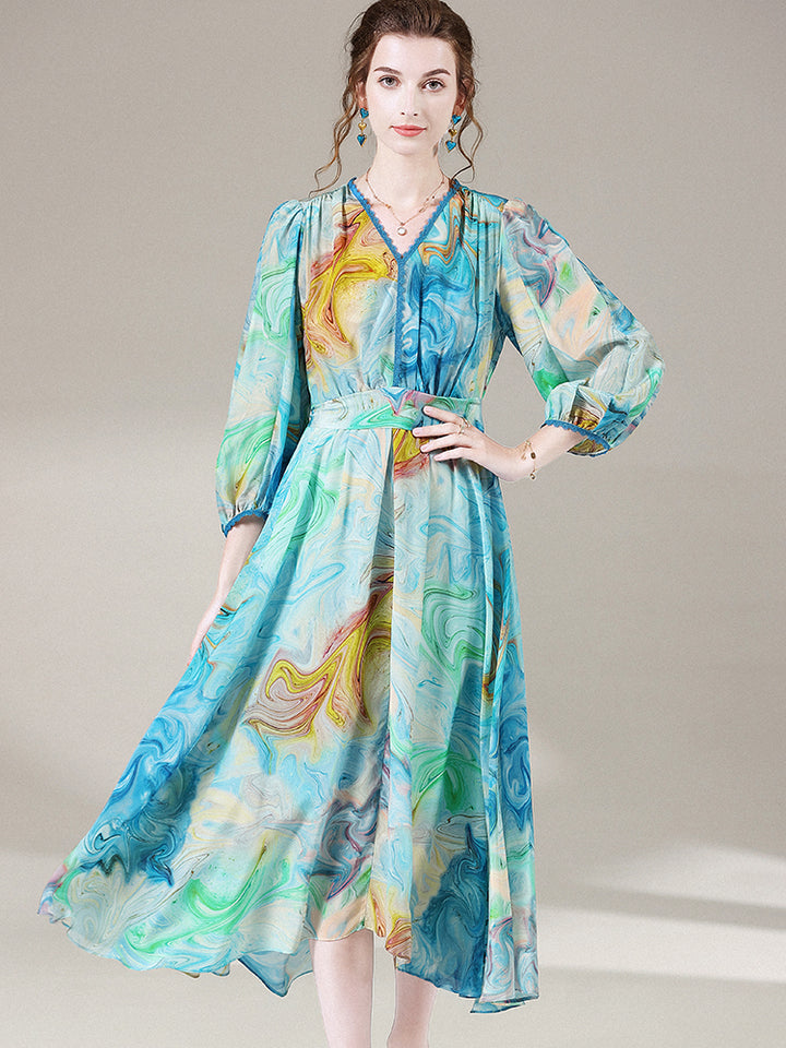 Blue Green Printed Summer V Neck Mulberry Silk Chiffon Dress SD048