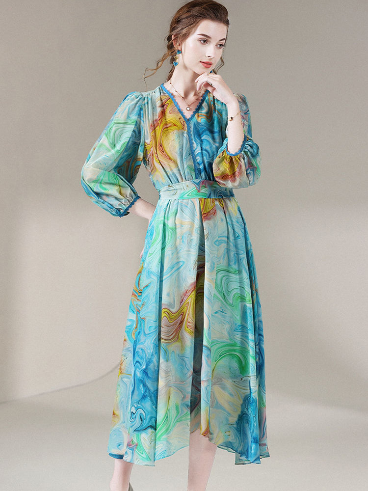 Blue Green Printed Summer V Neck Mulberry Silk Chiffon Dress SD048