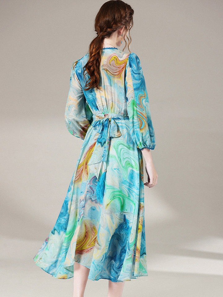 Blue Green Printed Summer V Neck Mulberry Silk Chiffon Dress SD048