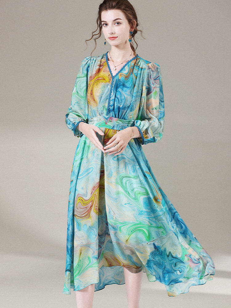 Blue Green Printed Summer V Neck Mulberry Silk Chiffon Dress SD048