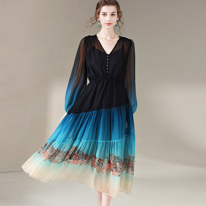 Blue Ombre Black Elegant Long Sleeve Floral Printed Mulberry Silk Dress SD066