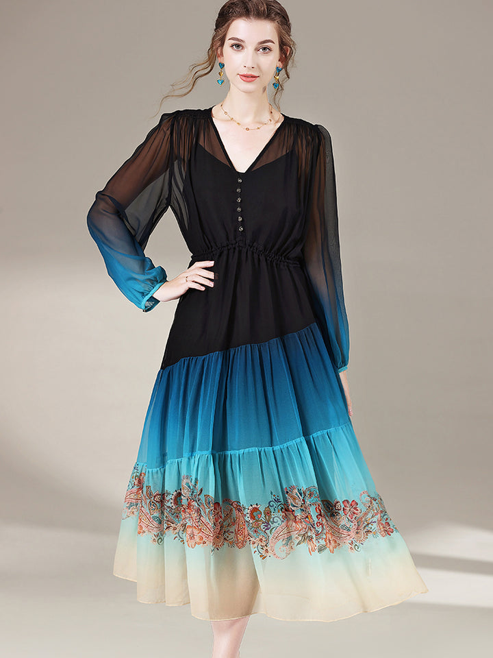 Blue Ombre Black Elegant Long Sleeve Floral Printed Mulberry Silk Dress SD066