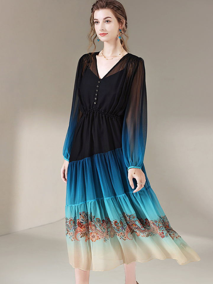 Blue Ombre Black Elegant Long Sleeve Floral Printed Mulberry Silk Dress SD066