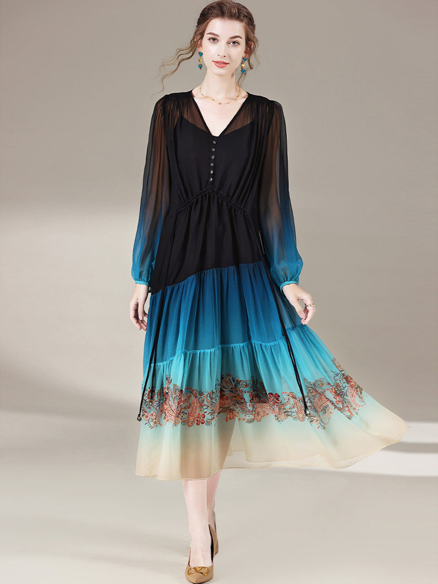 Blue Ombre Black Elegant Long Sleeve Floral Printed Mulberry Silk Dress SD066