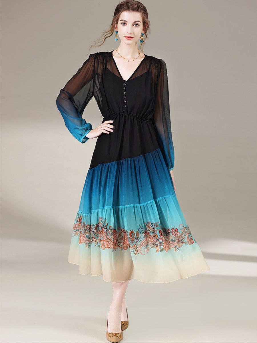 Blue Ombre Black Elegant Long Sleeve Floral Printed Mulberry Silk Dress SD066