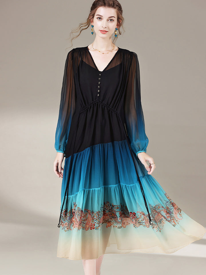 Blue Ombre Black Elegant Long Sleeve Floral Printed Mulberry Silk Dress SD066