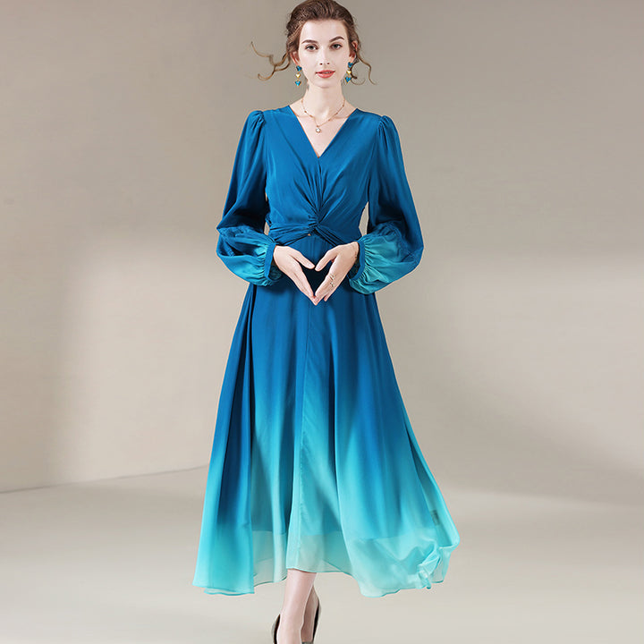 Blue Ombre Long Sleeve V Neck Luxury Long Mulberry Silk Dress SD061