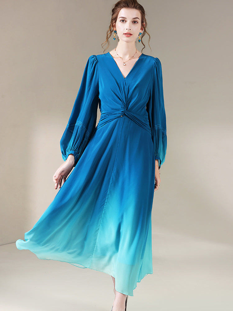 Blue Ombre Long Sleeve V Neck Luxury Long Mulberry Silk Dress SD061